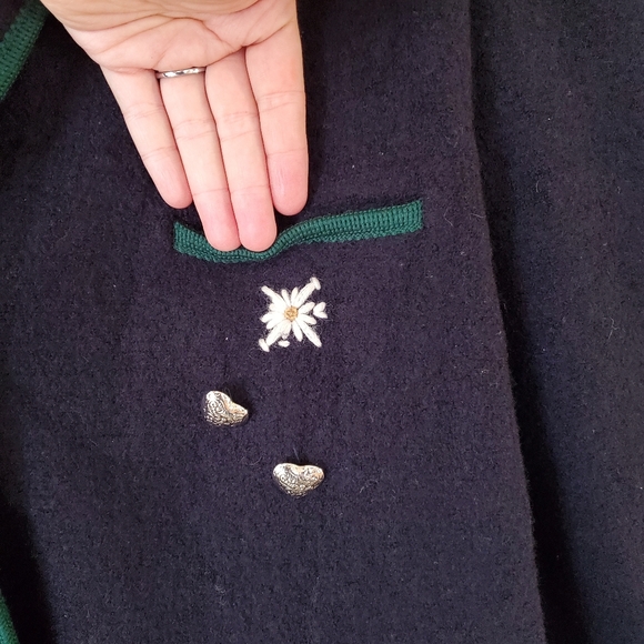 Vintage Boiled Wool Burgefried Navy Blue Green Floral Jacket Coat Size Large - Picture 6 of 10